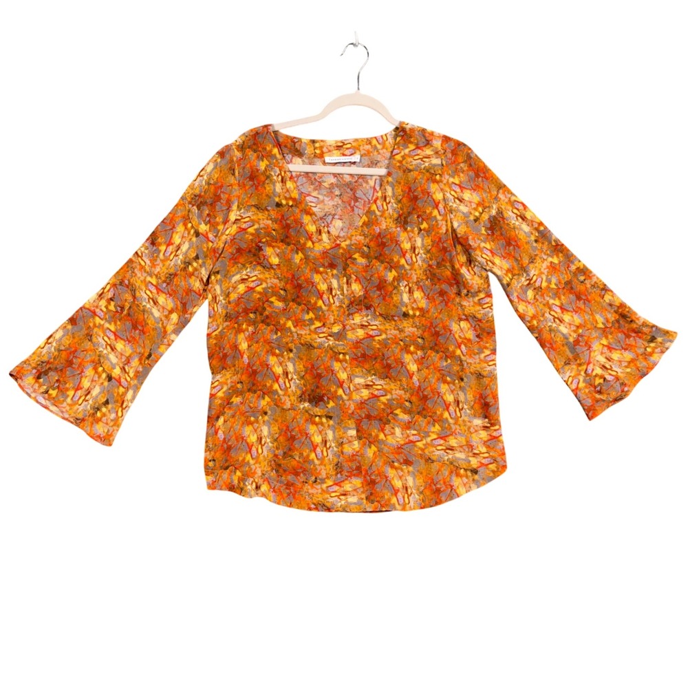 Tangerine NYC Abstract Print Blouse Womens S Orange Bell Sleeve V Neck Top